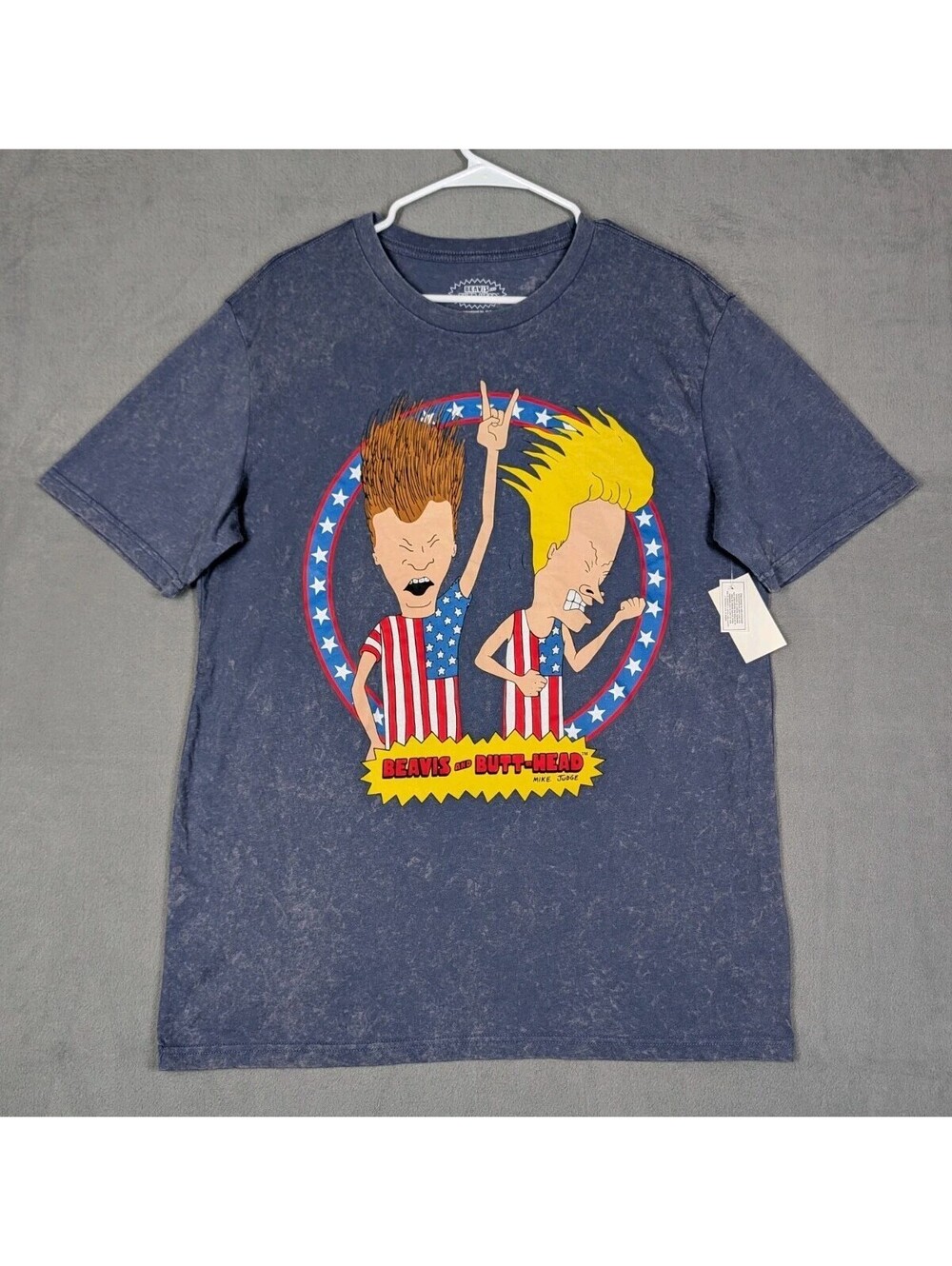 Beavis And Butt Head Mens Large Blue Acid Wash American Flag Graphic T Shirt NWT